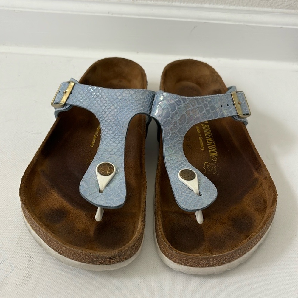 Birkenstock Light Blue Snake-Print Thong Sandals with White Accents